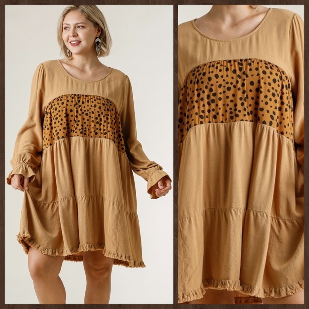 UMGEE Puff Sleeve & Ruffled Cuff Tiered Babydoll Dress Fringe Hem W/Animal Print - Picture 9 of 16